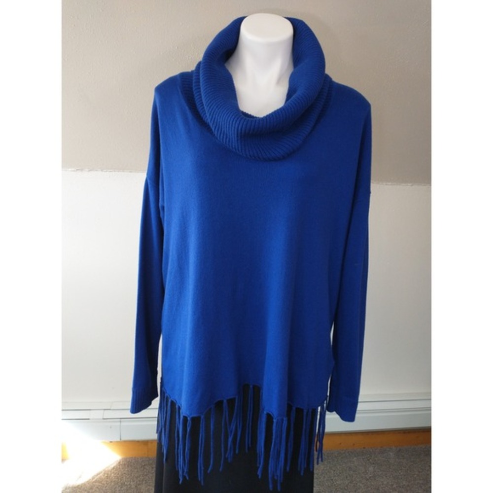 Michael Kors Cobalt Blue‎ Cowl Neck Fringe Hem Sweater XL Cotton Blend